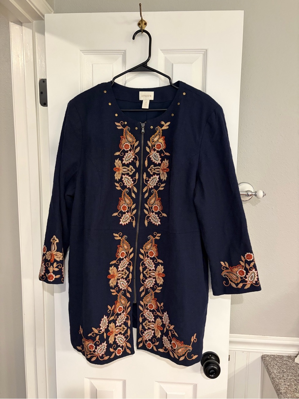 Chico’s Embroidered Studded Zip Up Tunic Jacket Blue Size 4 XXL